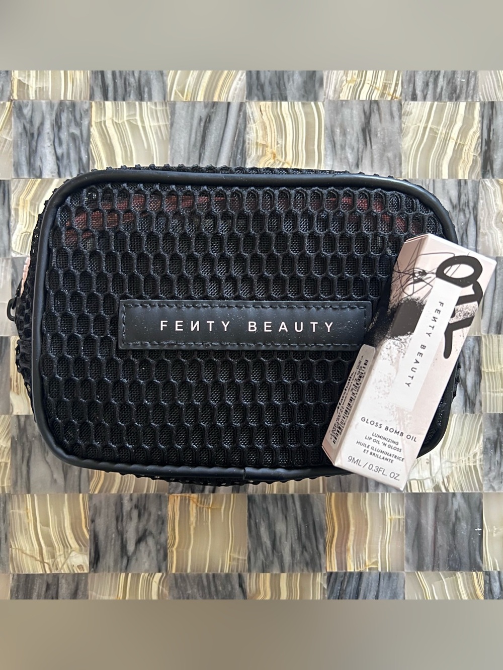Fenty Beauty Black Mesh Makeup Bag Cosmetics Pouch & Fenty Glow Lip Gloss Bomb
